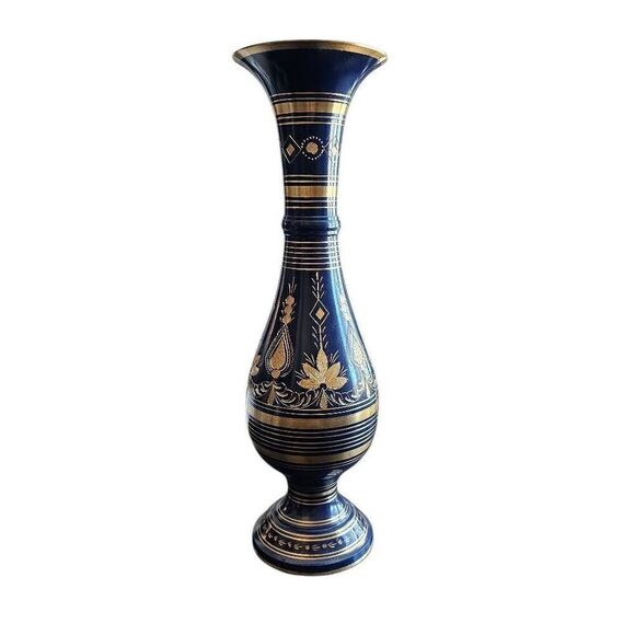 Vintage Brass Vase Damascene made in India Handcrafted Blue and Eteched Gold. Or - Picture 2 of 11